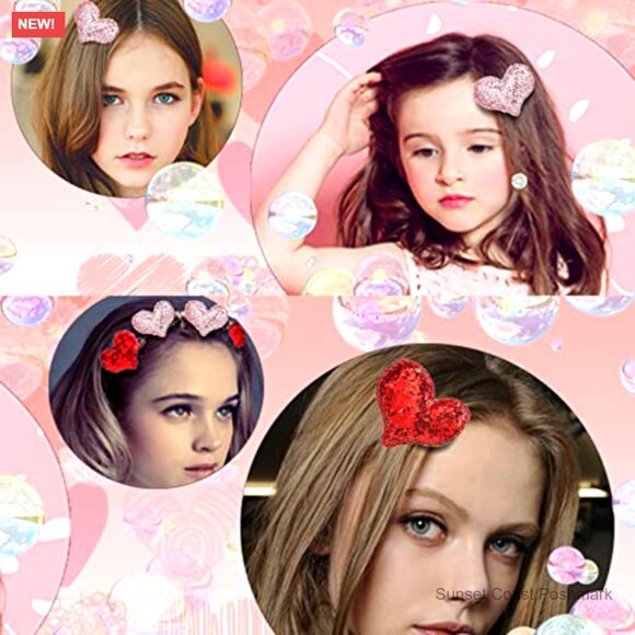 Glitter Sequin Heart Hair Clips Set of 9 Valentine's Day Party Accessories - Picture 5 of 7